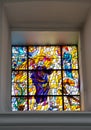 CheÃâm, Poland, 25 September 2020: Stained glass window in the window of the church, the shrine of the Mother of God in CheÃâm in